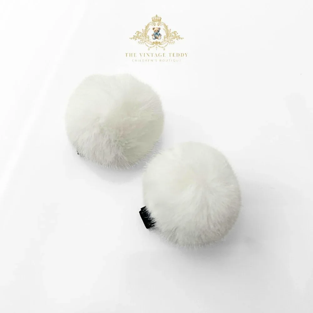 Cute Girls Pom Pom Hair Clips Boutique Hair Accessories for Girls Faux Fur White
